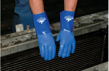 Image of MCR Safety Blue Coat Series Flexible PVC Coated Work Gloves, Triple Dipped with Textured PVC, Seamless Knit Lining, 12in Length, Blue/White, Large, 6632L