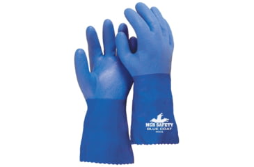 Image of MCR Safety Blue Coat Series Flexible PVC Coated Work Gloves, Triple Dipped with Textured PVC, Seamless Knit Lining, 12in Length, Blue/White, Large, 6632L
