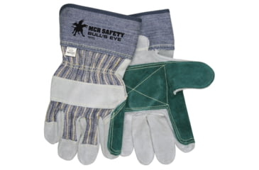 Image of MCR Safety Bulls Eye A Side Split Leather Double Palm Work Gloves, 2.75in Rubberized Safety Cuff, Sewn with DuPont Kevlar, Gray, Large, 1911L