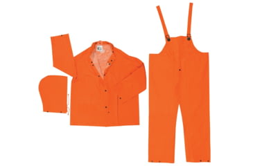 Image of MCR Safety Classic Plus Series 3 Piece Waterproof Rain Suit, .35mm PVC/Poly, Corduroy Collar, Detachable Hood and Bib Pants, Orange, M, 2413M