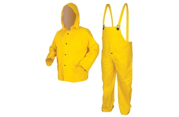 Image of MCR Safety Commodore Series 3 Piece Waterproof Rain Suit, PVC/Non-Woven Poly/Nylon, Rain Jacket, Detachable Hood and Bib Pants, Yellow, L, 6003L