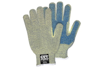 Image of MCR Safety Cut Pro Hero 7 Gauge Regular Weight Shell, ARX Aramid Fibers, PVC Palm Dotted Cut Resistant Work Gloves, Blue/Green, Medium, 93867M