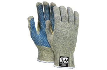 Image of MCR Safety Cut Pro Hero 7 Gauge Regular Weight Shell, ARX Aramid Fibers, PVC Palm Dotted Cut Resistant Work Gloves, Blue/Green, Medium, 93867M