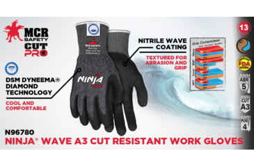 Image of MCR Safety Cut Pro Ninja Wave Cut Resistant Work Gloves, 13 Gauge Dyneema Diamond Technology, Nitrile Wave Coated Palm and Fingertips, Black/Salt and Pepper, XX - Large, N96780XXL