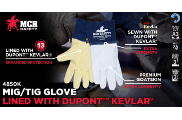 Image of MCR Safety Gloves For Glory Leather Welding Work Gloves, Kevlar Lined, Premium Grain Goatskin Leather, 4.5in Split Cowskin Leather Cuff, White and Blue, Small, 4850KS