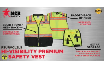 Image of MCR Safety Hi Vis Reflective Safety Vest, ANSI 107 Type R Class 2, 3in Silver Reflective, Zipper Front Closure, Back Plan Pocket, Solid Front Mesh Back, Fluorescent Lime, XL, PSURVCL2LSXL