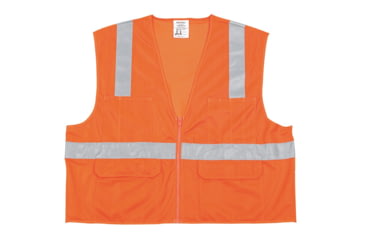 Image of MCR Safety Hi Vis Reflective Safety Vest, ANSI Type R Class 2, Mesh Back with Solid Front, Zipper Front, 2in Silver Stripes, Fluorescent Orange, L, CL2OCL