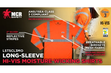 Image of MCR Safety Hi Vis Safety Work T-Shirts, Soft Poly Birdseye Mesh, Long Sleeve and Tagless Design, ANSI 107 Type R Class 3, Fluorescent Orange, 3X, LSTSCL3MOX3