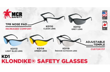 Image of MCR Safety KD110 Klondike KD1 Series Safety Glasses, Adjustable Temple Length, Clear, One Size, KD110