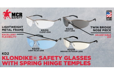 Image of MCR Safety Klondike KD2 Series Safety Glasses, Lightweight Metal Frame, Adjustable Nose Pads, Clear, One Size, KD210