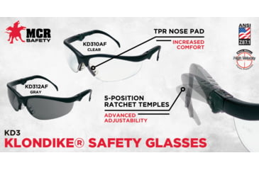Image of MCR Safety Klondike KD3 Series Safety Glasses, Anti-Fog Lenses, Soft and Secure TPR Nose Piece, Gray, One Size, KD312AF