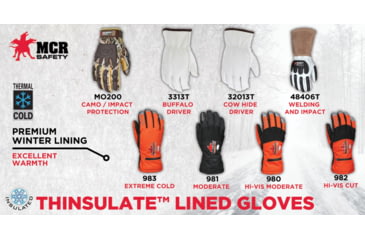 Image of MCR Safety Insulated Mechanics Gloves, 200 gram Thinsulate Lining, MAXGrid Material Palm, Inner Elastic Snow and Ice Cuff, Black/Hi-Vis Orange, X - Large, 983XL