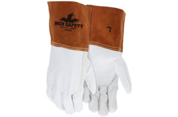 Image of MCR Safety Leather Welding Work Gloves, Competitive Value Top Cow Grain Leather, 4in Split Leather Gauntlet Cuff, Sewn with ARX Cut Resistant Thread, Beige and Russet, Large, 4955L