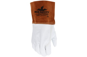 Image of MCR Safety Leather Welding Work Gloves, Cow Grain Leather, 4in Split Leather Bell Cuff, Lined and Sewn with ARX Cut Resistant Material, Beige and Russet, Large, 4955HL