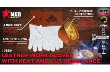 Image of MCR Safety Leather Welding Work Gloves, Cow Grain Leather, 4in Split Leather Bell Cuff, Lined and Sewn with ARX Cut Resistant Material, Beige and Russet, Large, 4955HL