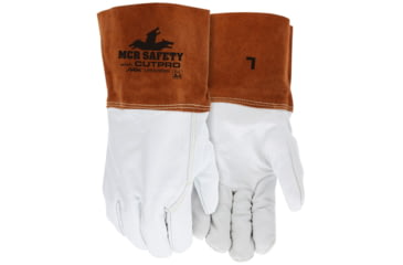 Image of MCR Safety Leather Welding Work Gloves, Cow Grain Leather, 4in Split Leather Bell Cuff, Lined and Sewn with ARX Cut Resistant Material, Beige and Russet, Large, 4955HL
