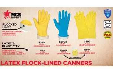 Image of MCR Safety Long Flock Lined Rubber Latex Gloves, 15 mil Thickness, 12in Length, Industry Standard Grade, Yellow, Medium, 5250M