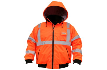 Image of MCR Safety Luminator 2-in-1 Bomber Jacket with Removable Zip Out Fleece Liner, PU/Cotton Poly,ANSI Class 3, Attached Hide-Away Hood, Fluorescent Orange, L, BP2CL3OL
