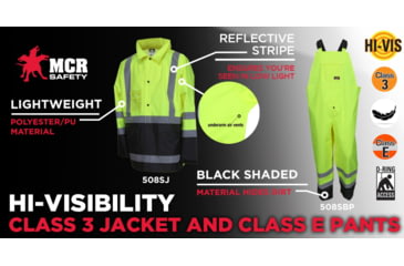Image of MCR Safety Luminator Hi Vis Lightweight Rain Pants, Poly/PU, High Bib Pocket and Full Elastic Suspenders, ANSI 107 Class E, Fluorescent Lime, L, 508SBPL