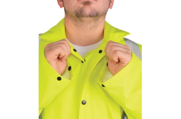 Image of MCR Safety Luminator Hi Vis Long Waterproof Raincoat with Silver Reflective Stripes, .40mm PU/Cotton Poly, Blend Stretch, ANSI 107 Type R Class 3, Fluorescent Lime, XL, 518CXL