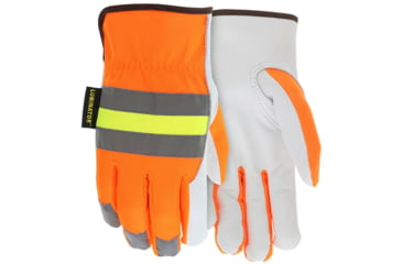 Image of MCR Safety Luminator Leather Drivers Hi-Vis Work Gloves, Premium Grade Grain Goatskin, Hi-Vis Back with Reflective Stripes, White, Medium, 36111M