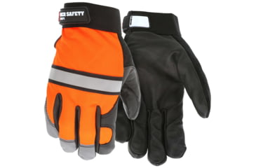 Image of MCR Safety Mechanics Gloves, Premium Grain Cow Palm, Hi-Vis Back, Reflective Knuckle Stripe and Fingertips, Black, X - Large, 921XL