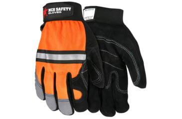 Image of MCR Safety Mechanics Gloves, Reinforced Double Palm, Hi-Vis Back, Reflective Knuckle Strip and Fingertips, Black, X - Large, 911DPXL