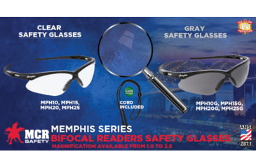Image of MCR Safety MPH25 Memphis Series Bifocal Readers Safety Glasses, 1.5 Diopter Lenses, Wrap Around Lens Design, Clear, One Size, MPH25