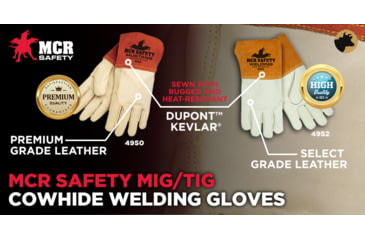 Image of MCR Safety Mustang Leather Welding Work Gloves, Premium Top Grain Cowskin Leather, 4.5in Split Leather Gauntlet Cuff, Beige and Russet, Large, 4950L