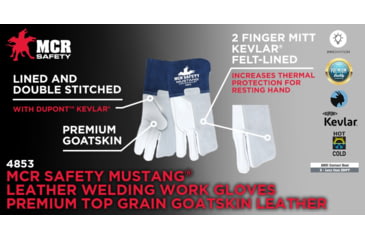 Image of MCR Safety Mustang Leather Welding Work Gloves, Premium Top Grain Goatskin Leather, 4in Split Cowskin Leather Cuff, White Gray and Blue, Small, 4853S