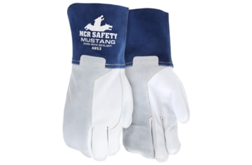 Image of MCR Safety Mustang Leather Welding Work Gloves, Premium Top Grain Goatskin Leather, 4in Split Cowskin Leather Cuff, White Gray and Blue, Small, 4853S