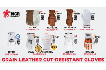 Image of MCR Safety Mustang Leather Drivers Utility Work Gloves, Grain Goat Double Palm, Lined and Sewn with DuPont Kevlar, Wing Thumb, Brown, Large, MU3624KL