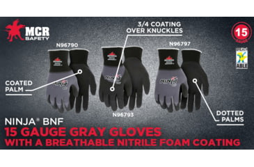 Image of MCR Safety Ninja BNF Work Gloves, 15 Gauge Nylon/Spandex Shell, NFT Coated Over the Knuckle, Black/Gray, Large, N96793L
