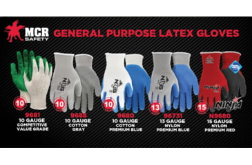 Image of MCR Safety Ninja Flex Work Gloves, 15 Gauge Nylon Shell, Latex Coated Palm and Fingertips, Gray/Red, Medium, N9680M