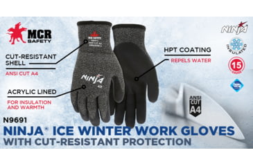 Image of MCR Safety Ninja Ice Insulated Cut Resistant Work Gloves, 15 Gauge Nylon with Acrylic Terry Interior, Black, Medium, N9691M