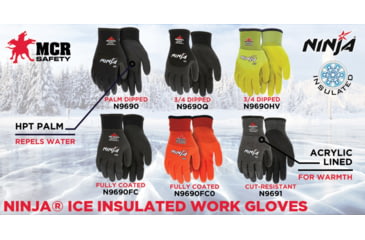 Image of MCR Safety Ninja Ice Insulated Work Gloves, Hi-Vis 15 Gauge Lime Nylon with Acrylic Terry Interior, Over The Knuckle Coated with HPT, Hi-Vis Lime, Medium, N9690HVM