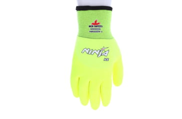 Image of MCR Safety Ninja Ice Insulated Work Gloves, Hi-Vis 15 Gauge Lime Nylon with Acrylic Terry Interior, Over The Knuckle Coated with HPT, Hi-Vis Lime, Medium, N9690HVM