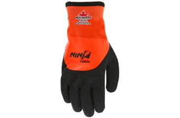 Image of MCR Safety Ninja Work Gloves, 15 Gauge Nylon Shell, 7 Gauge Acrylic Terry Interior, Rough Over the Knuckle Outer Dip, Black/Orange, Large, N9695L
