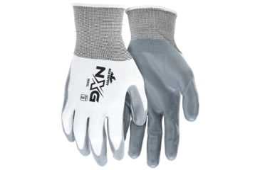 Image of MCR Safety NXG Work Gloves, 15 Gauge Nylon Shell, Nitrile Coated Palm and Fingertips, Gray/White, X - Large, 9683XL