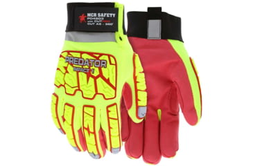 Image of MCR Safety Predator Impact Mechanics Hi-Visibility Leather Palm Work Gloves, Lime/Red, Large, PD4903L