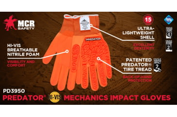 Image of MCR Safety Predator Mechanics Hi-Vis Impact Resistant Work Gloves, Tire Tread TPR on Back, Fingers, and Thumb, Breathable Nitrile Palm adds Wet and Dry Grip, Orange, Large, PD3950L