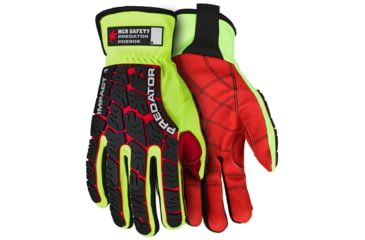 Image of MCR Safety Predator Mechanics Work Gloves, Textured PVC Coated Palm, Tire Tread Pattern TPR Back of Hand Protection, Slip on Wrist with ID Pad, Red/Green, Small, PD2906S