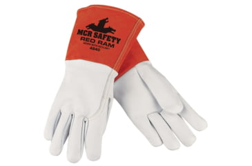 Image of MCR Safety Red Ram Leather Welding Work Gloves, Premium Grain Goatskin Leather, 5in Split Cowhide Leather Cuff, White and Russet, Large, 4840L