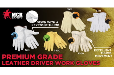 Image of MCR Safety Leather Drivers Work Gloves, Buffalo Grain Leather, Keystone Thumb, White, Large, 3313L