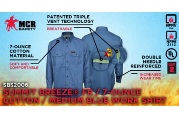 Image of MCR Safety SBS2006L Summit Breeze Flame Resistant Shirt, 7oz 100% Cotton, with Vented Underarms and Back, CAT 2, Medium Blue, L, SBS2006L