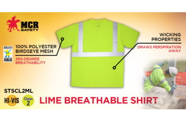 Image of MCR Safety STSCL2MLM Hi Vis Safety Work T-Shirts, Soft Poly Birdseye Mesh, Short Sleeve and Tagless Design, ANSI 107 Type R Class 2, Fluorescent Lime, M, STSCL2MLM
