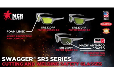 Image of MCR Safety Swagger SR5 Series Welding Filter Shade 3.0 Dark Safety Glasses, MAX6 Anti-Fog Coating, Spoggle Strap Slot on Temples, Green Filter 3.0, One Size, SR5230PF