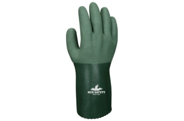 Image of MCR Safety Work Gloves, 13 Gauge Seamless Cotton Polyester Shell, MicroFinish Full Nitrile Coating, 12in Gauntlet Cuff, Green, Medium, MG9756M
