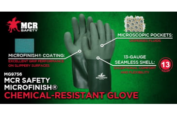Image of MCR Safety Work Gloves, 13 Gauge Seamless Cotton Polyester Shell, MicroFinish Full Nitrile Coating, 12in Gauntlet Cuff, Green, Medium, MG9756M
