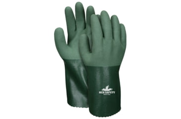 Image of MCR Safety Work Gloves, 13 Gauge Seamless Cotton Polyester Shell, MicroFinish Full Nitrile Coating, 12in Gauntlet Cuff, Green, Medium, MG9756M